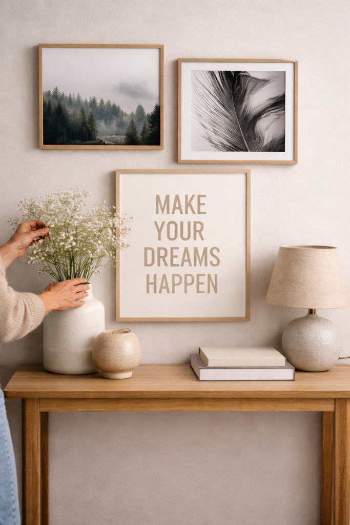 Dekoracje ścienne – plakaty i grafiki w nowoczesnym wnętrzu nad konsolą